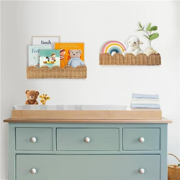 Set of 2 rattan nursery wall shelves wicker floating bookshelf kids room decor - Picture 2 of 7